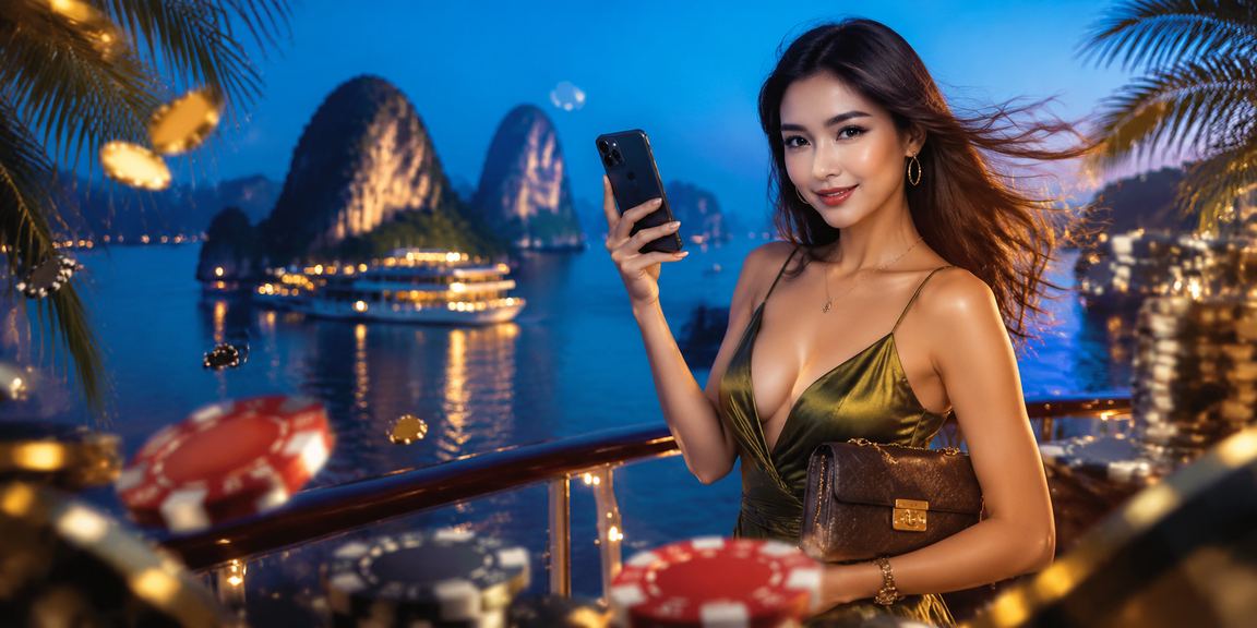 Người chơi VIP theo dõi kèo esports và thể thao trực tiếp với khung cảnh vịnh Hạ Long tráng lệ